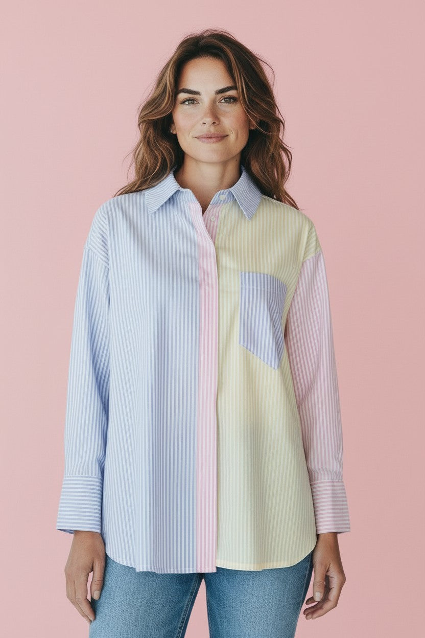 Halbtotale vom KI generiertem Modell im Studio mit Bluse mit Patchwork Muster in Pastelltönen vom Hamburger Modelabel stegmann mode