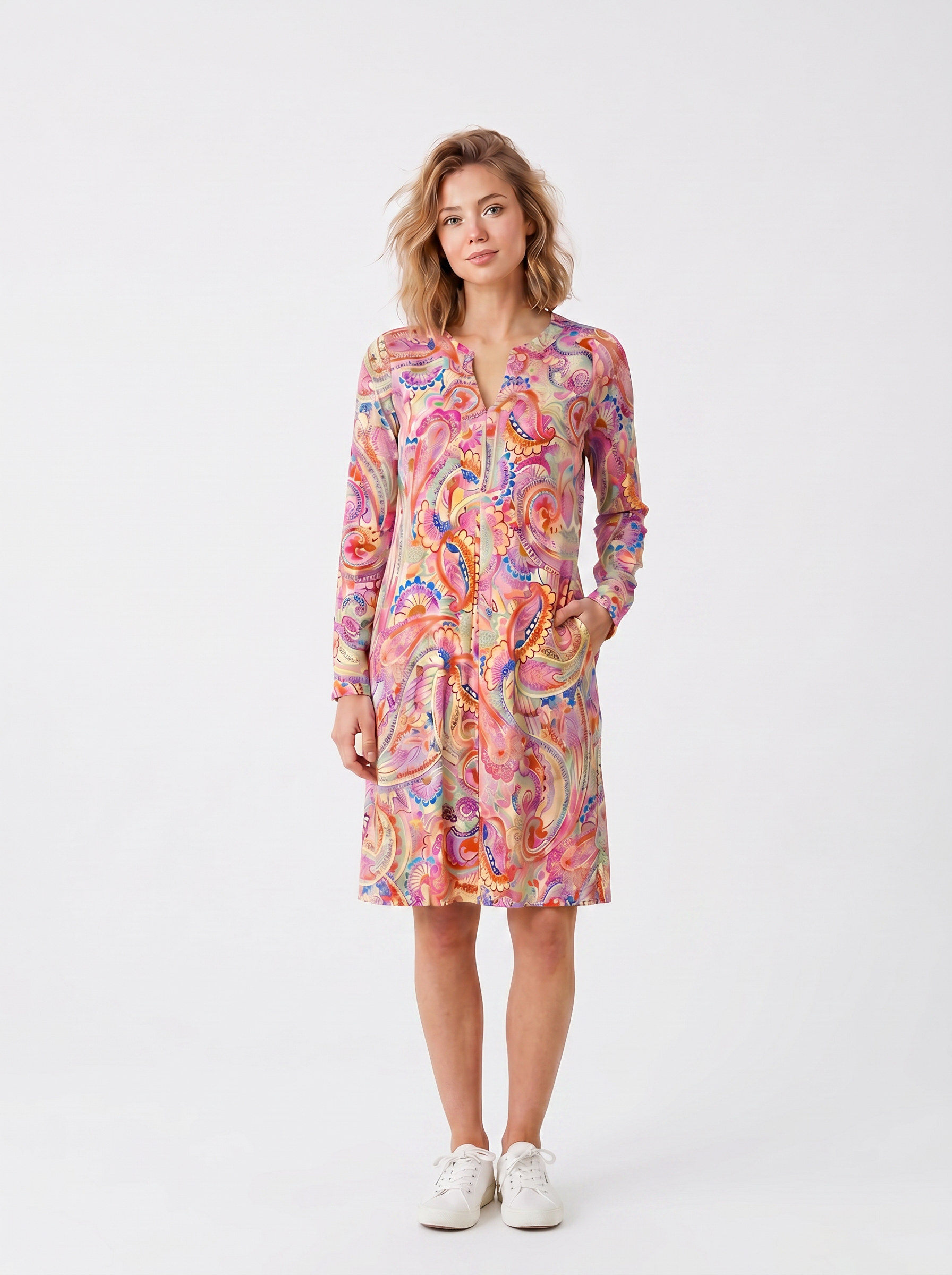 KI generiertes Modell im Studio im Kleid Bobby im Print Cashmere Caribbean vom Hamburger Modelabel stegmann mode