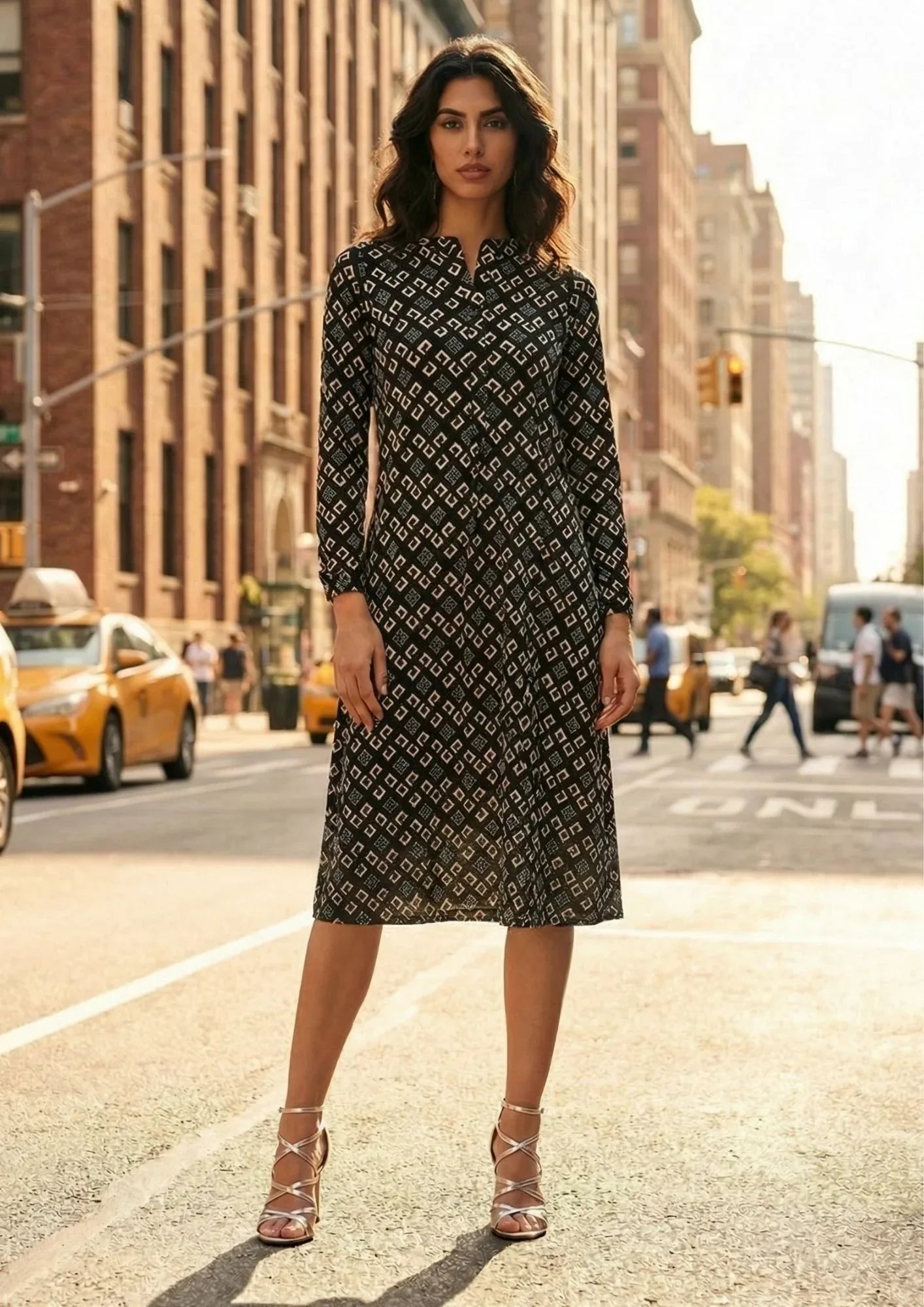 KI Modell in urbaner Umgebung im Kleid Carina im Print Vency vom Hamburger Modelabel stegmann mode