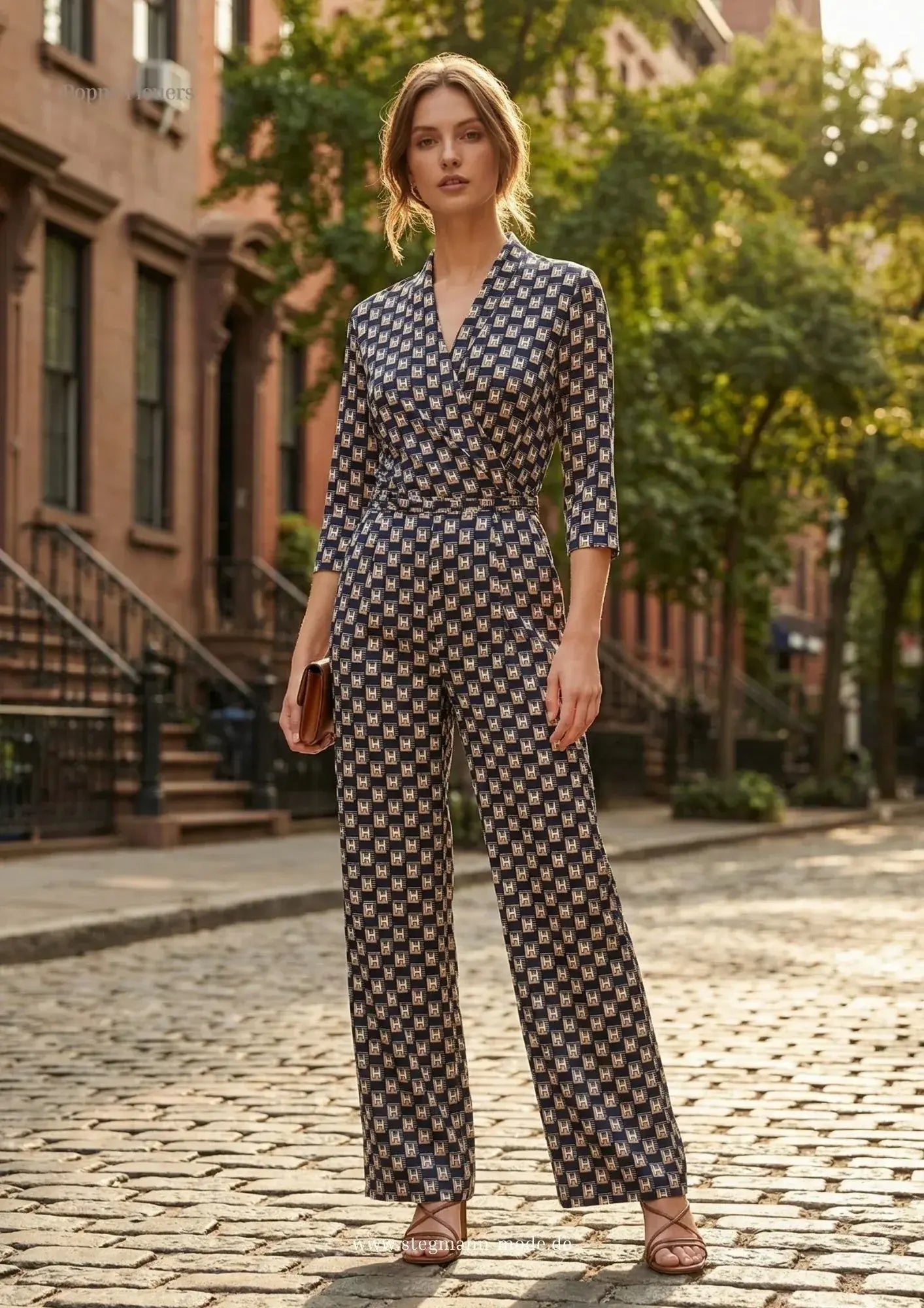 KI Modell im urbanen Umfeld im Jumpsuit Carmen Combi im Print Hetage vom Hamburger Modelabel stegmann mode