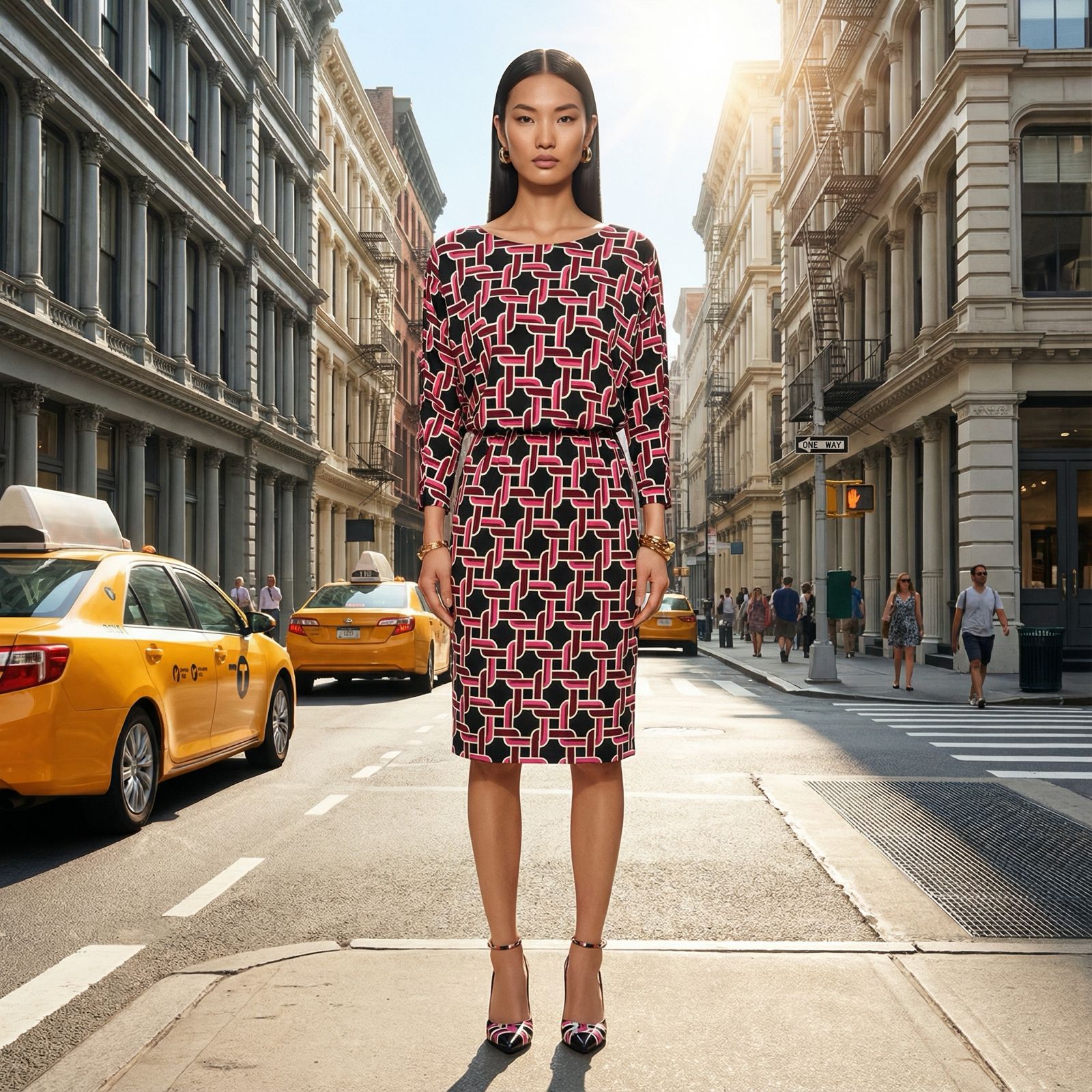 KI Modell im urbanen Umfeld im Kleid Gina im Print Cordon vom Hamburger Modelabel stegmann mode