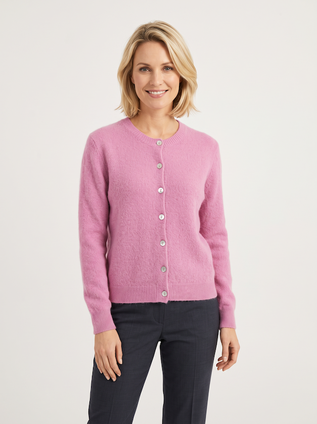 KI generiertes Modell in der Strickjacke Jackie in der Farbe Rosa vom Hamburger Modelabel Stegmann Mode