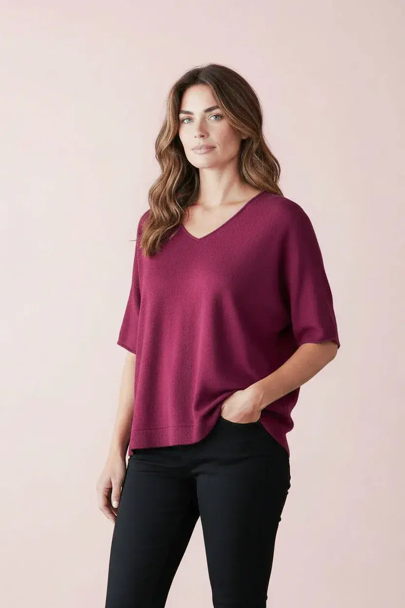 Produktfoto Pullover in Fuchsia mit V-Ausschnitt und Halbarm vom Hamburger Modelabel stegmann mode
