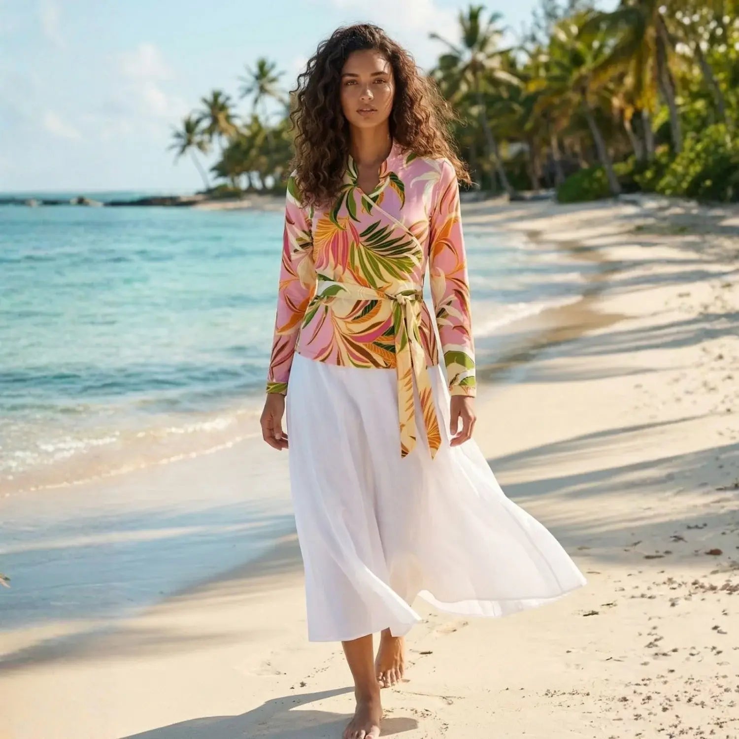 KI generiertes Bild mit Modell am Strand in der Bluse Mari im Print Plantes Pastelles vom Hamburger Modelabel stegmann mode