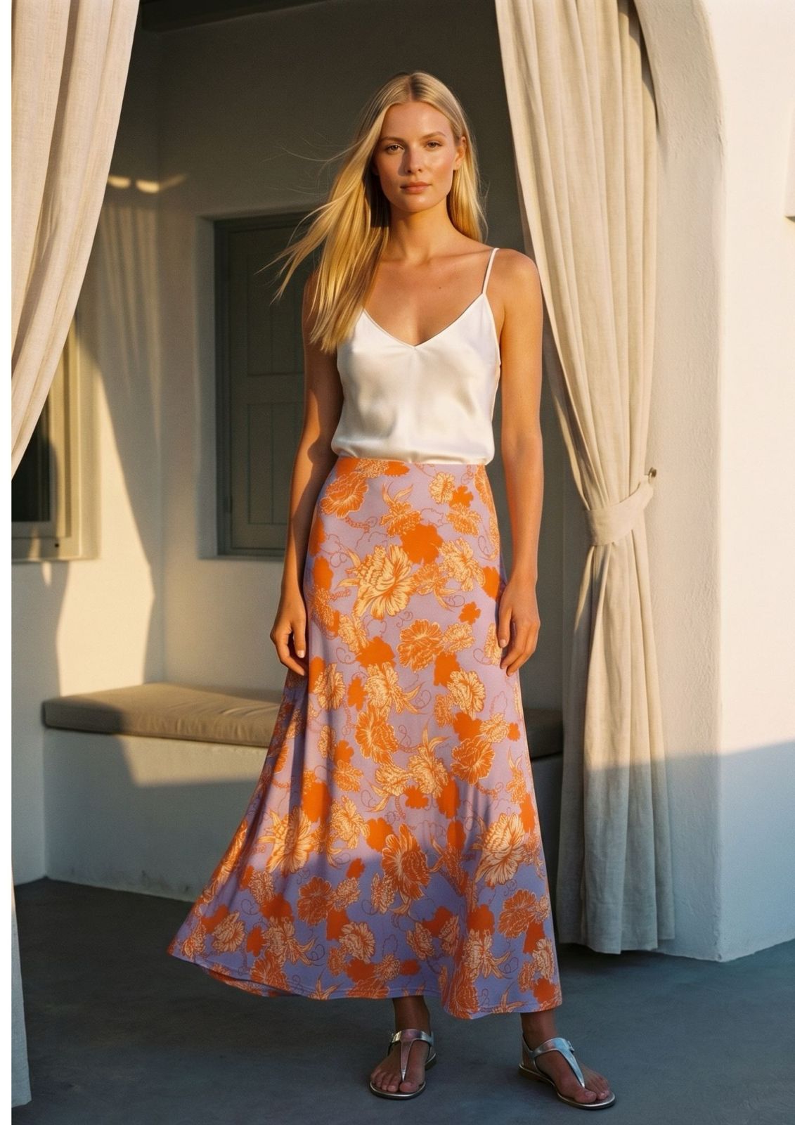 KI generiertes Modell auf Santorini im Rock Marleen im Print Fleurs Orange vom Hamburger Modelabel stegmann mode
