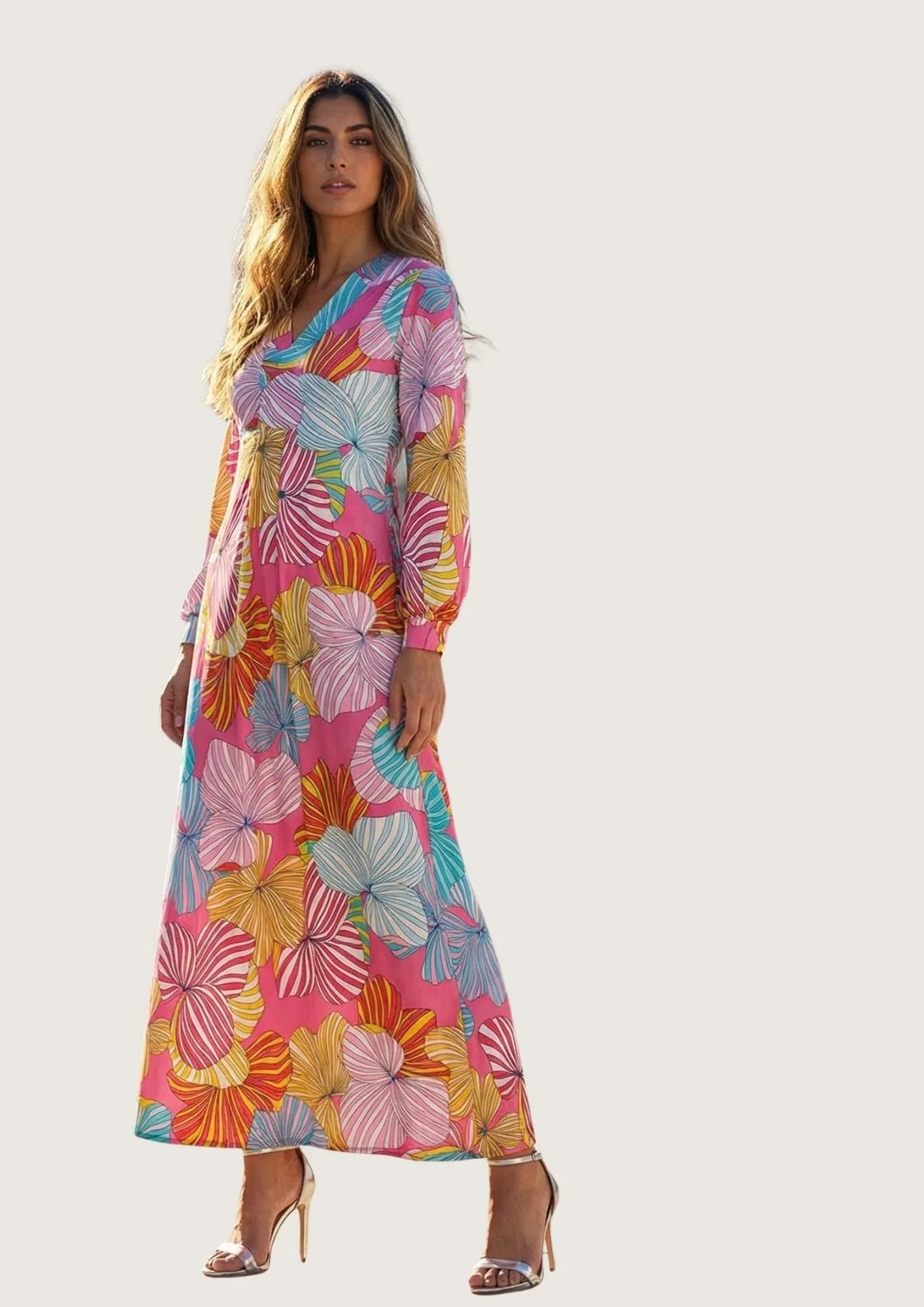 KI Modell im Studio im Kleid Milu Longue im Print Poppy Fleurs vom Hamburger Modelabel stegmann mode