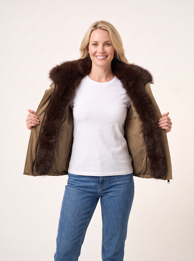KI generiertes Modell im hellen Studio in dem offenen kurzen Parka Belina vom Hamburger Modelabel Stegmann Mode