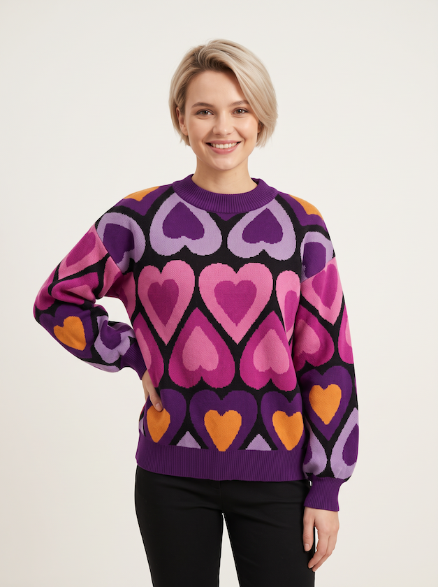 KI generiertes Modell im hellen Studio im Strickpullover multicolor Herzen vom Hamburger Modelabel Stegmann Mode