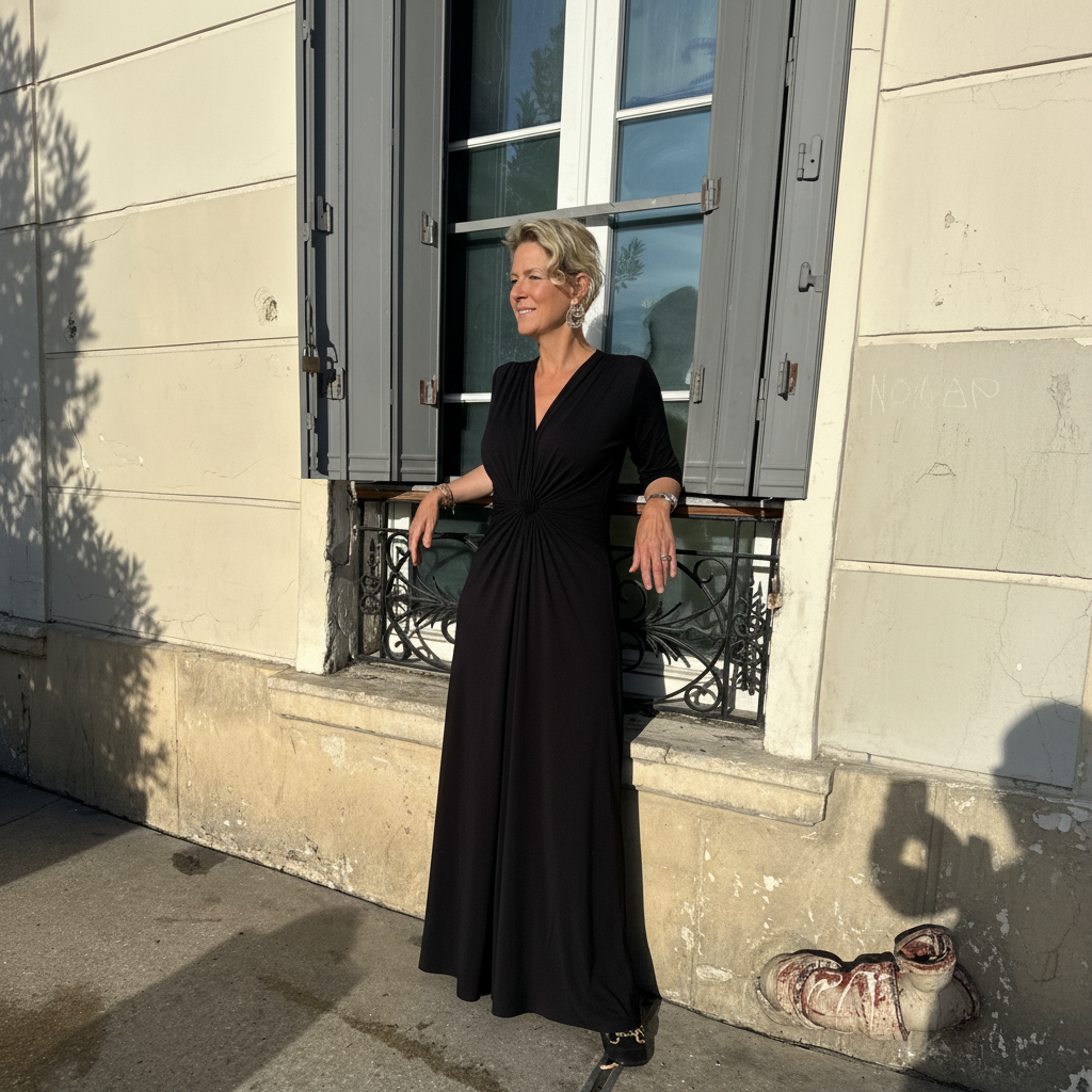 Stefanie vor Mauer im Jumpsuit Romy Combi in Noir vom Hamburger Modelabel stegmann mode