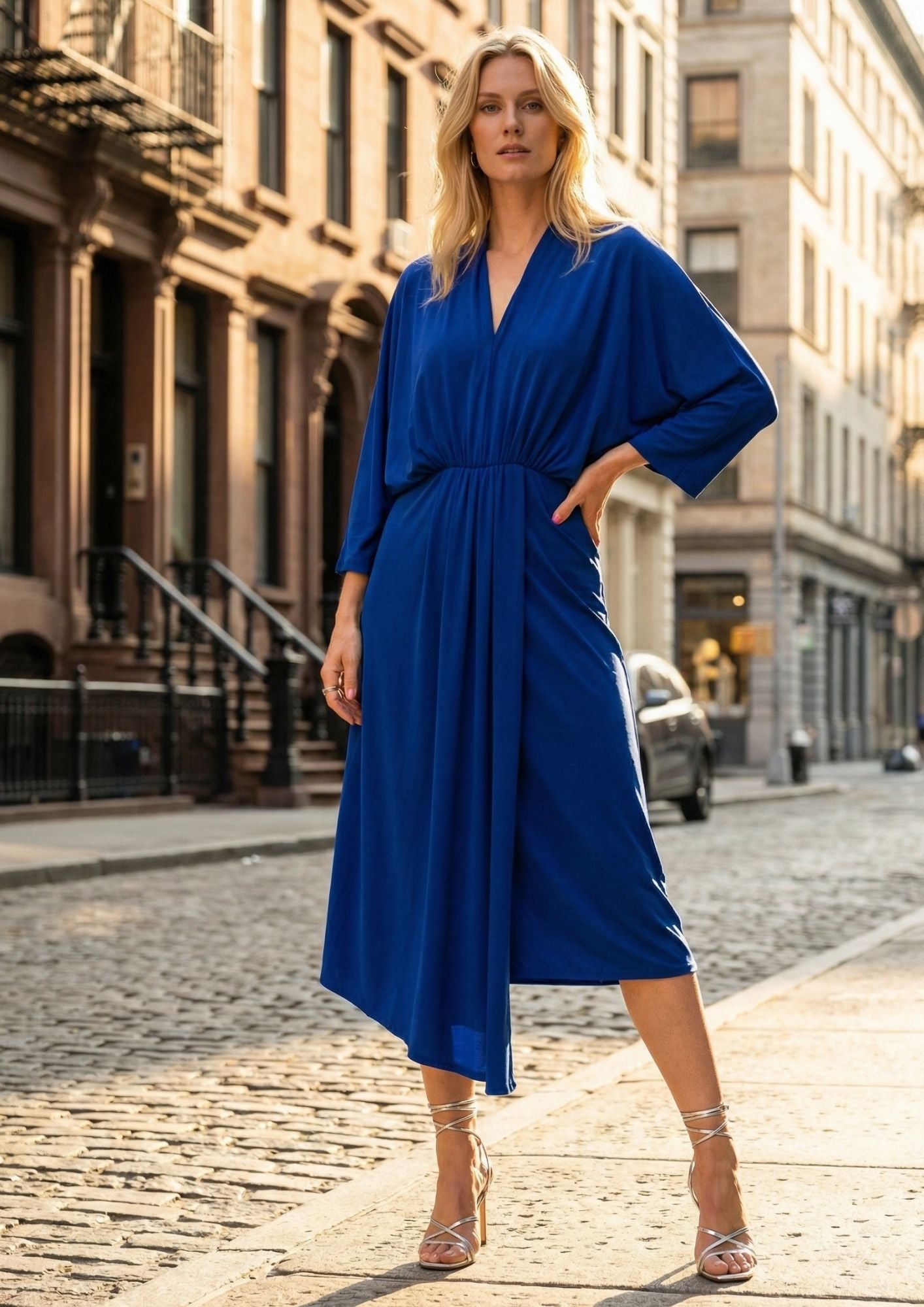 KI Modell im urbanen Umfeld im Kleid Sara im Print Cobalt Bleu vom Hamburger Modelabel stegmann mode