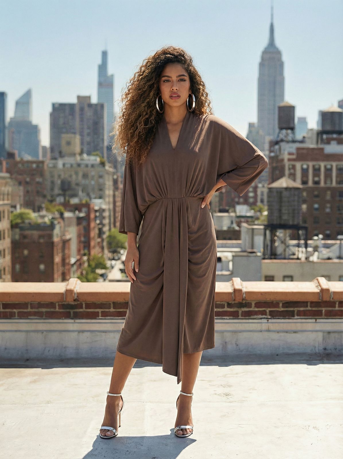 KI Modell im urbanen Umfeld im Kleid Sara im Print Taupe vom Hamburger Modelabel stegmann mode