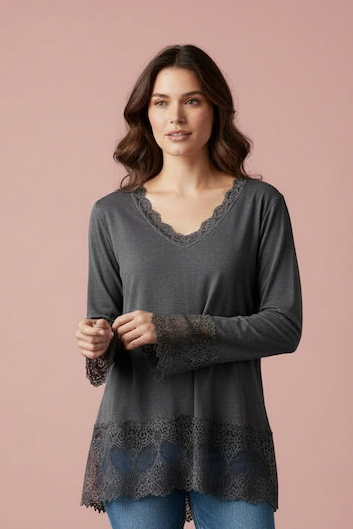 Produktfoto vom Shirt Bonita mit Spitze in der Farbe Dunkelgrau vom Hamburger Modelabel stegmann mode
