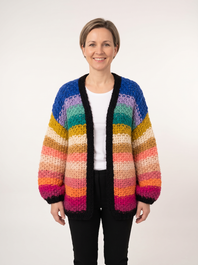 KI generiertes Modell in der Strickjacke Maille in Multicolor vom Hamburger Modelabel Stegmann Mode