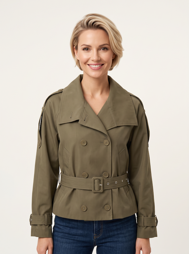 KI generiertes Modell im hellen Studio in der kurzen Trenchjacke in der Farbe Oliv vom Hamburger Modelabel Stegmann Mode