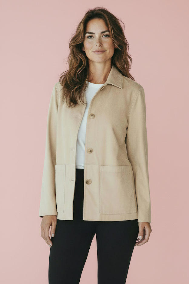 KI generiertes Modell im Studio im Blazer in Wildlederoptik vom Hamburger Modelabel stegmann mode