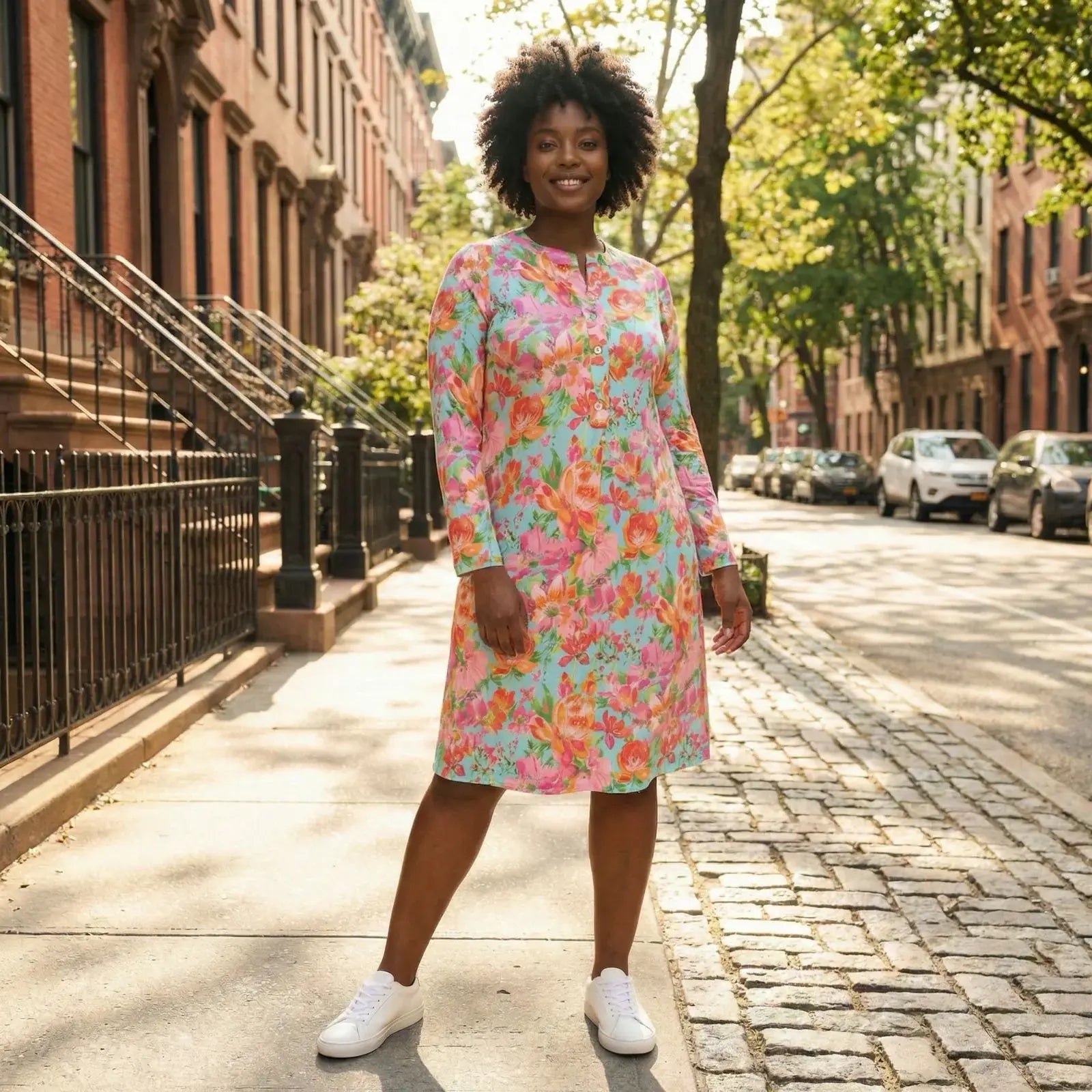 KI Modell im urbanen Umfeld im Kleid Carina im Print Rose Multi vom Hamburger Modelabel stegmann mode