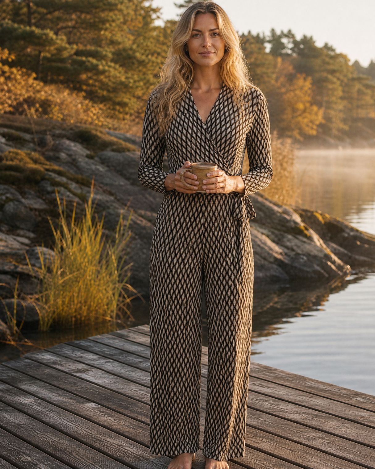 KI generiertes Model am See im Jumpsuit Carmen Combi im Print Salino Taupe vom Hamburger Modelabel Stegmann Mode