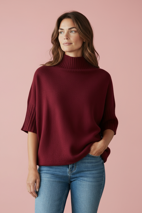 Produktfoto vom Pullover in Kastenform in der Farbe Bordeaux vom Hamburger Modelabel stegmann mode