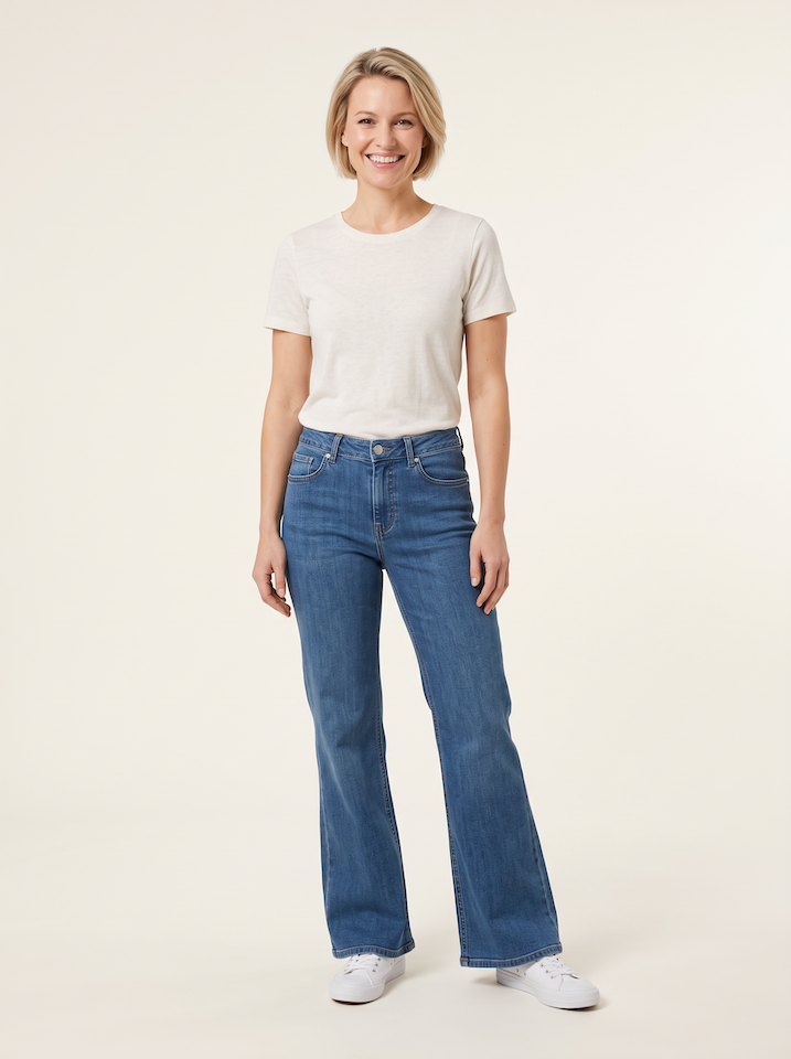 KI generiertes Modell im hellen Studio in der Jeans Moore Denim vm Hamburger Modelabel Stegmann Mode
