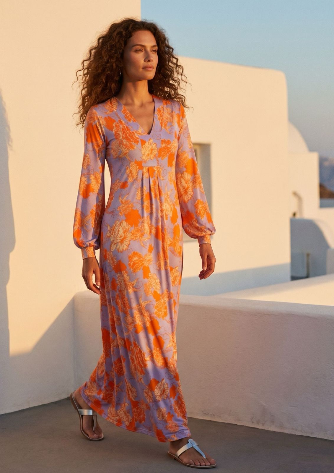 KI generiertes Modell auf Santorini im Kleid Milu Longue im Print Fleurs Orange vom Hamburger Modelabel stegmann mode