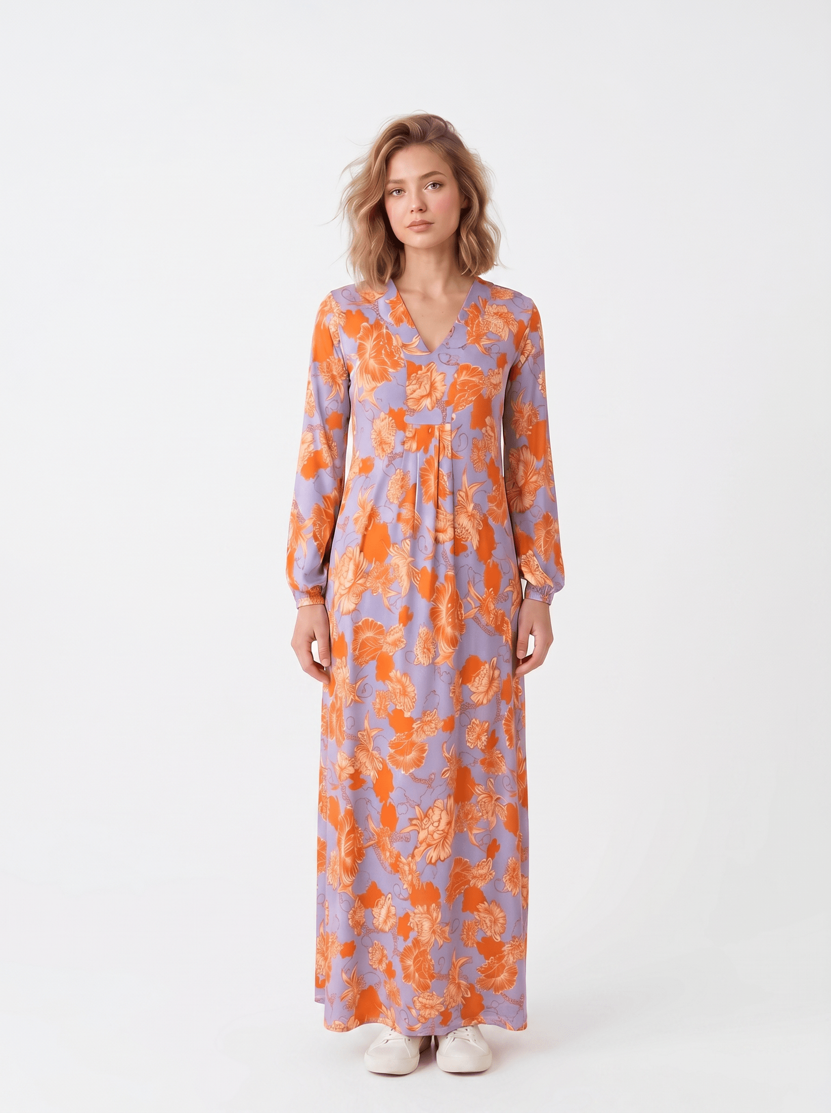 KI generiertes Modell im weißen Studio im Kleid Milu Longue im Print Fleurs Orange vom Hamburger Modelabel stegmann mode