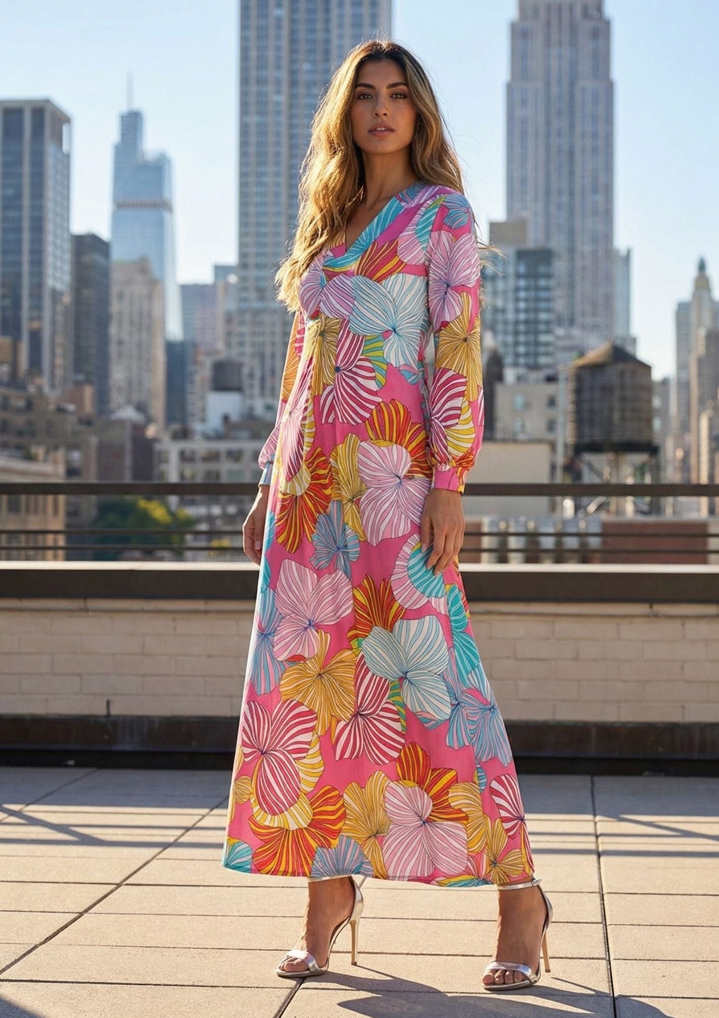 KI Modell in urbaner Umgebung im Kleid Milu Longue im Print Poppy Fleurs vom Hamburger Modelabel stegmann mode