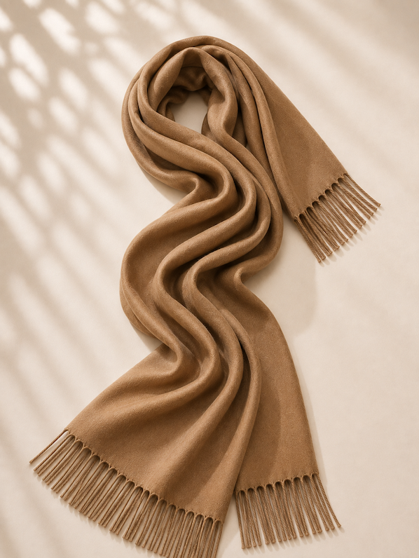 Produktfoto von Pashmina Schal in S-Form gelegt in der Farbe Camel vom Hamburger Modelabel Stegmann Mode