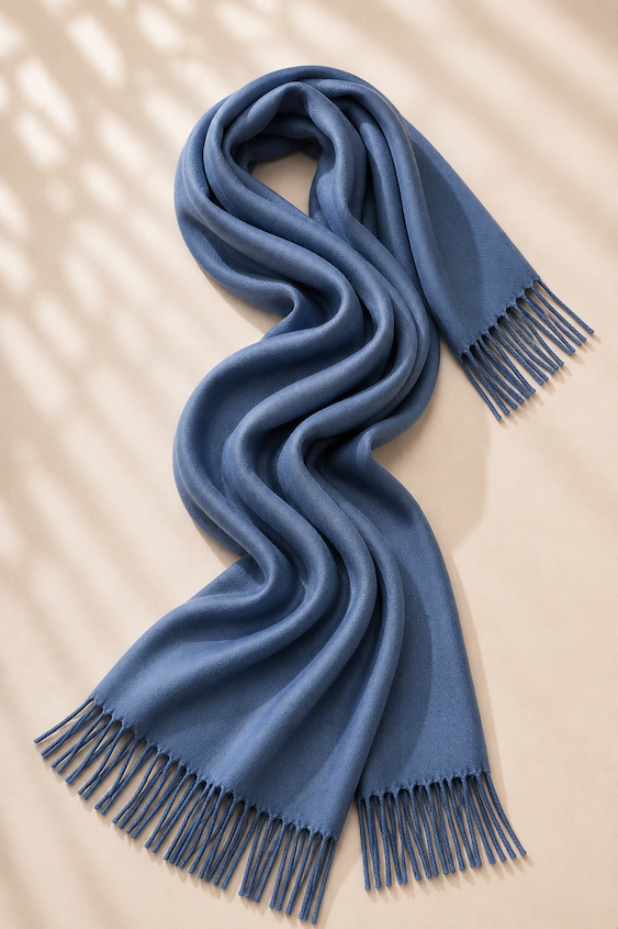 Produktfoto von Pashmina Schal in S-Form gelegt in der Farbe Jeansblau vom Hamburger Modelabel Stegmann Mode