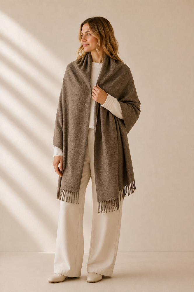 KI generiertes Modell im lichtdurchfluteten Studio mit Pashmina Schal als Stola vom Hamburger Modelabel Stegmann Mode