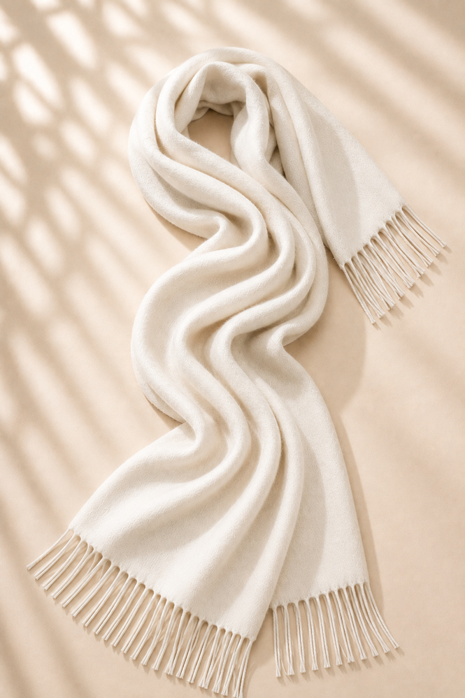 Produktfoto von Pashmina Schal in S-Form gelegt in der Farbe Wollweiss vom Hamburger Modelabel Stegmann Mode