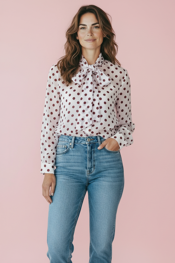 KI generiertes Modell im Studio in Bluse mit Polkadots und Schluppe in weiss mit Punkten vom Hamburger Modelabel stegmann mode