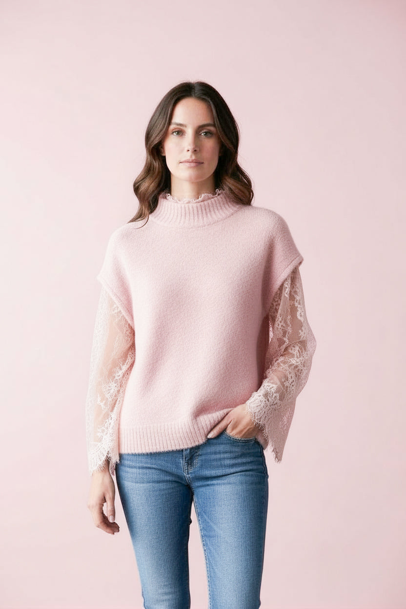 KI generiertes Foto von junger Frau im Pullunder mit Lace Spitzenshirt als Onepiece in der Farbe Rosa vom Hamburger Modelabel stegmann mode