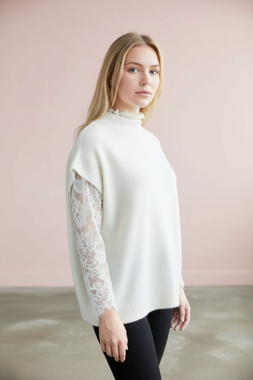 KI generiertes Foto von junger Frau im Pullunder mit Lace Spitzenshirt als Onepiece in der Farbe Weiß vom Hamburger Modelabel stegmann mode