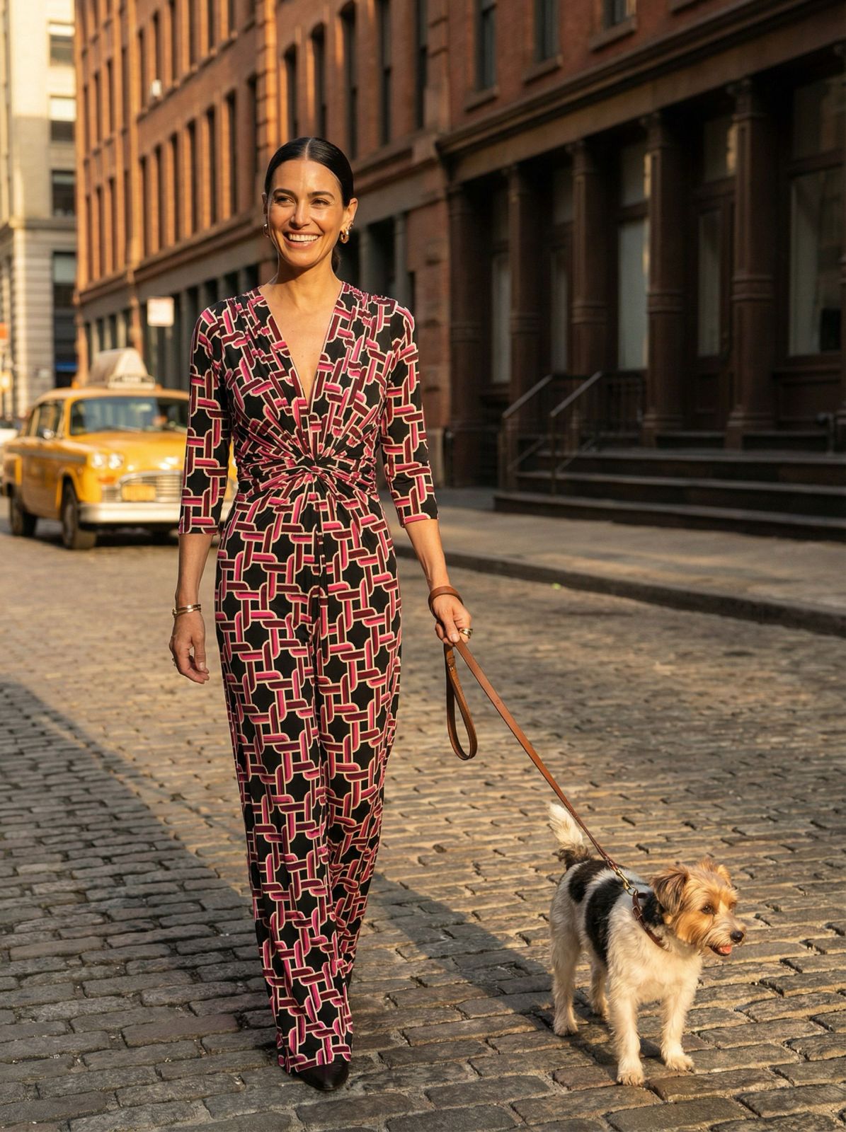 KI Modell im urbanen Umfeld im Jumpsuit Romy Combi im Print Cordon vom Hamburger Modelabel stegmann mode