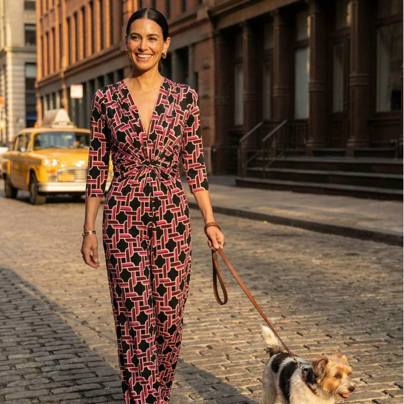 KI generiertes Modell mit Hund im urbanen Umfeld im Jumpsuit Romy Combi im Print Cordon vom Hamburger Modelabel stegmann mode