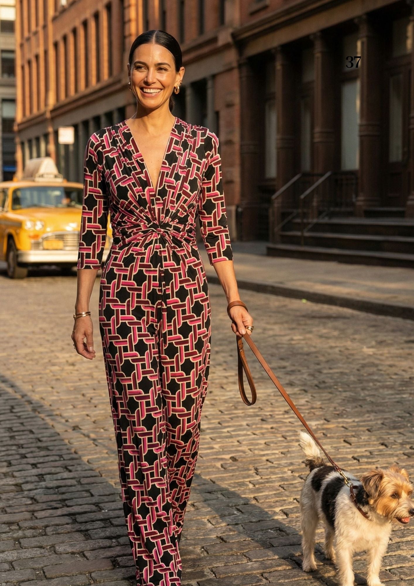 KI Modell in urbaner Umgebung im Jumpsuit Romy Combi im Print Cordon vom Hamburger Modelabel stegmann mode