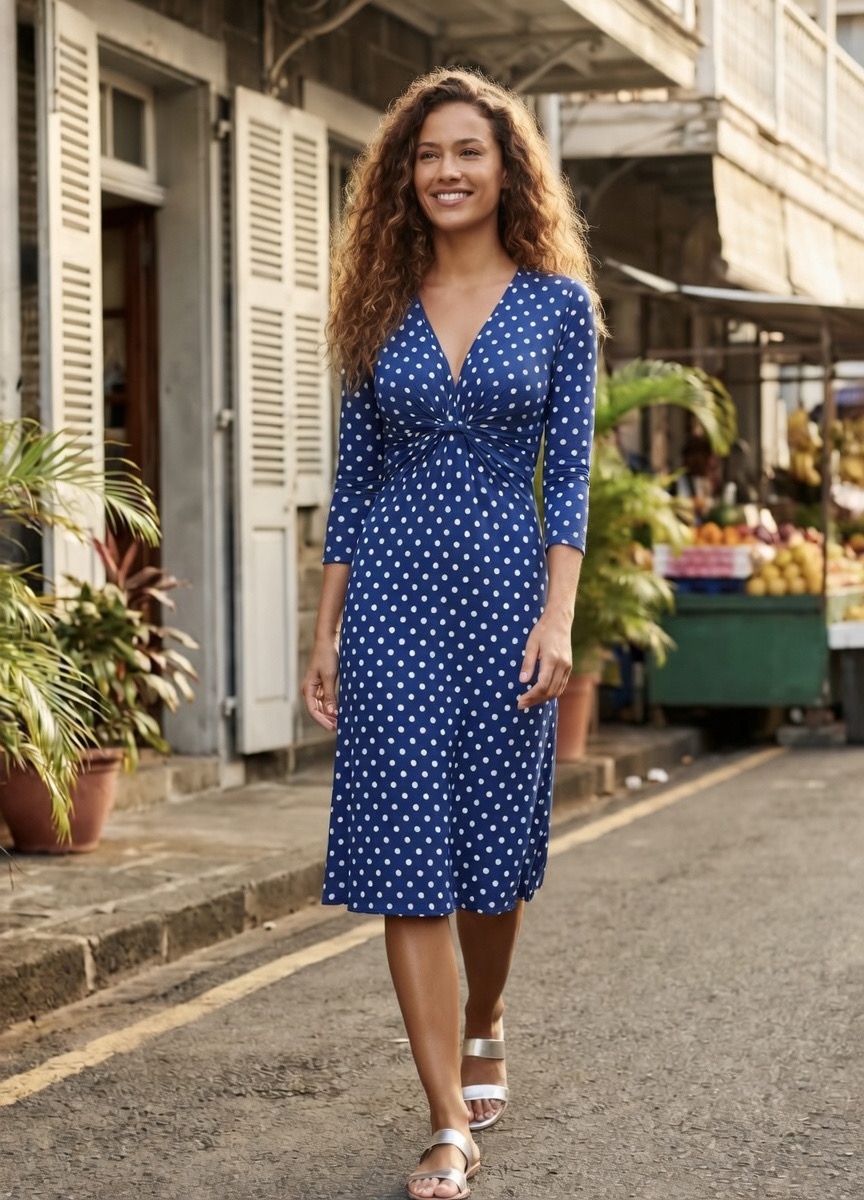 KI generiertes Bild mit Modell im urbanen Umfeld im Kleid Ruby Short im Print Dotty Bleu vom Hamburger Modelabel stegmann mode