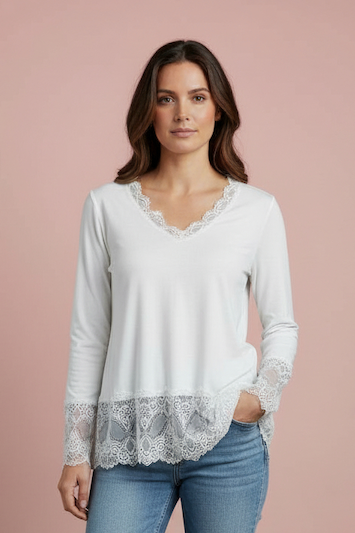 Produktfoto vom Shirt Bonita mit Spitze in der Farbe Weiss vom Hamburger Modelabel stegmann mode
