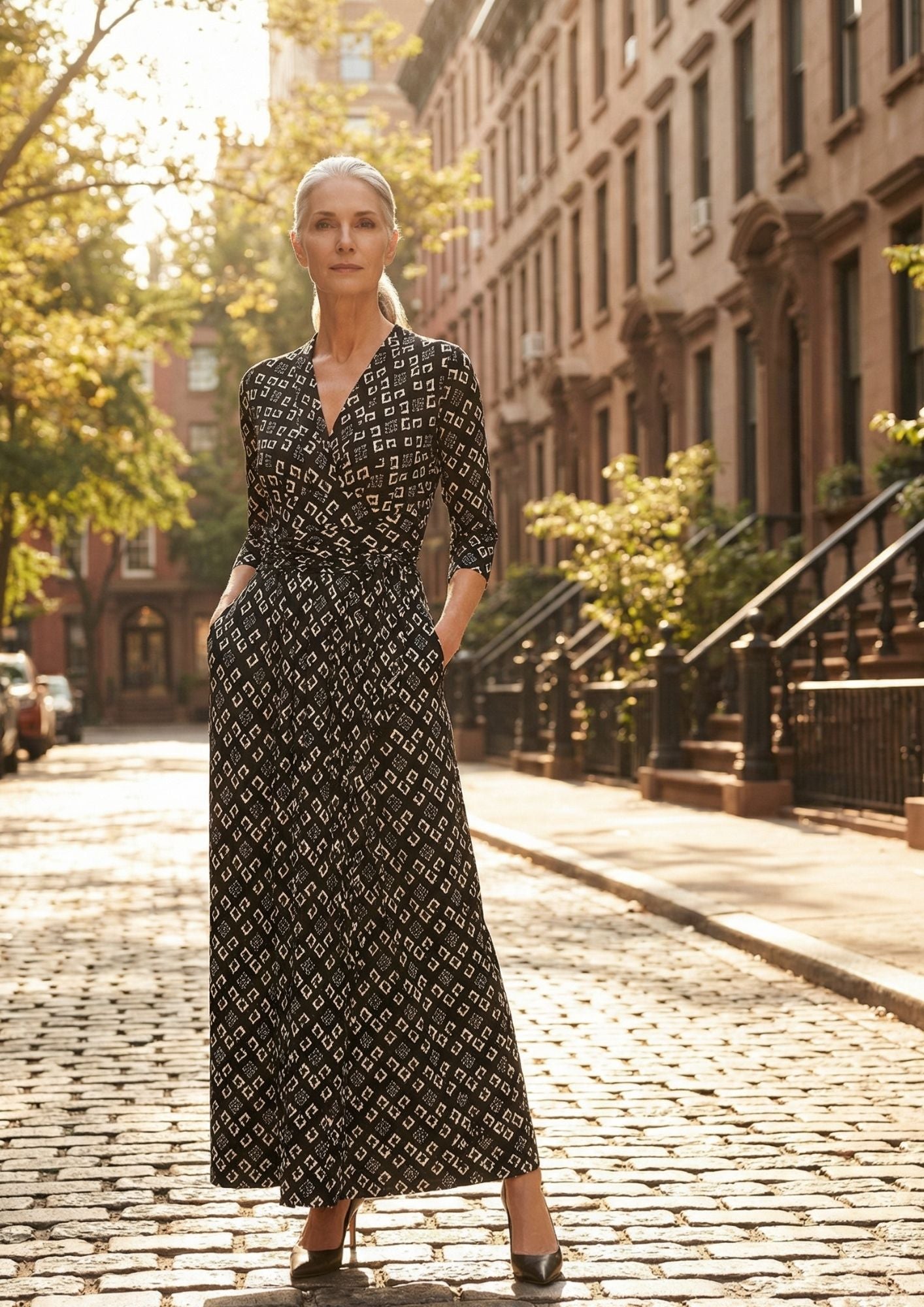 KI Modell in urbaner Umgebung im Kleid Sophia im Print Vency vom Hamburger Modelabel stegmann mode