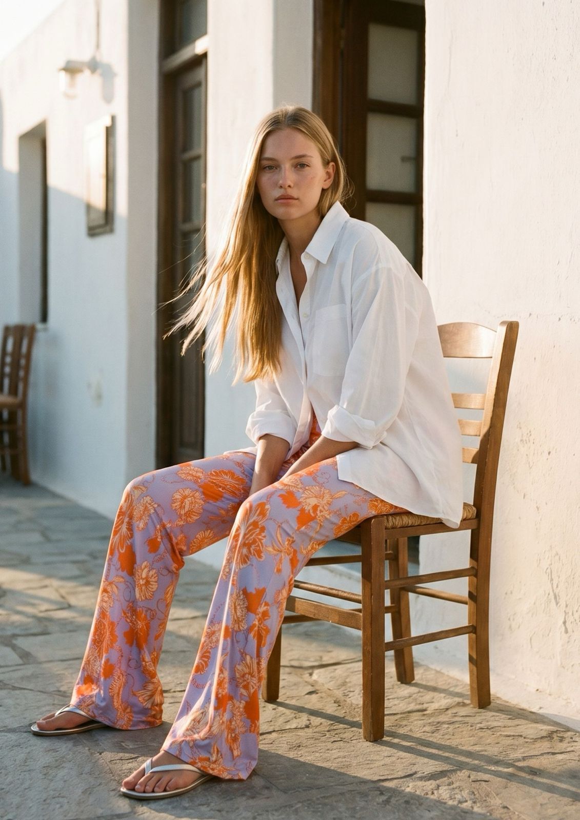 KI generiertes Modell auf Santorini in der Hose Spino im Print Fleurs Orange vom Hamburger Modelabel stegmann mode