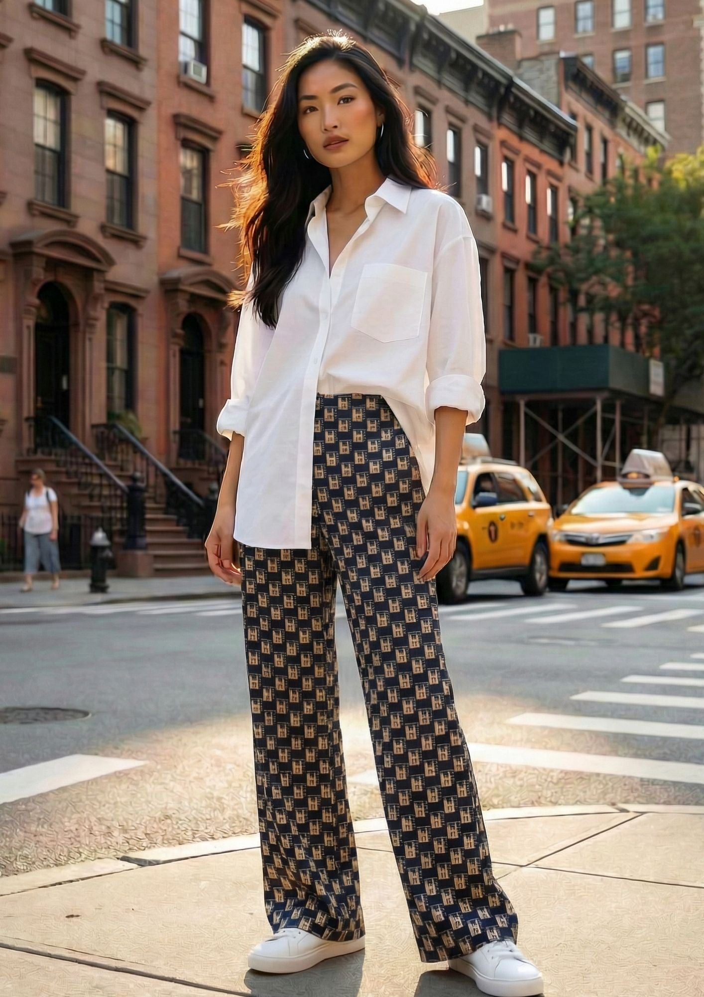 KI Modell in urbaner Umgebung in der Hose Twin im Print Hetage vom Hamburger Modelabel stegmann mode