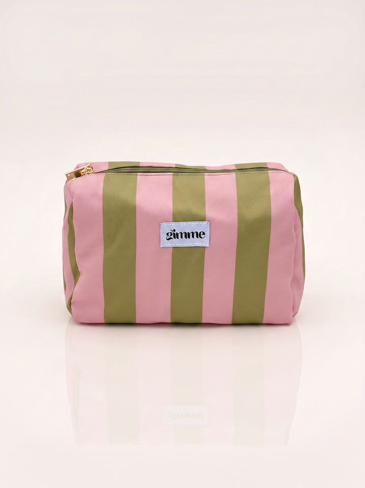 Produktfoto von Kosmetiktasche in oliv / rosa gestreift vom Hamburger Modelabel stegmann mode